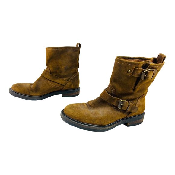 J Crew Boots Womens 5.5 Brown Suede Shoes Biker Moto Buckle Engineer Boho Slouch - Picture 3 of 7